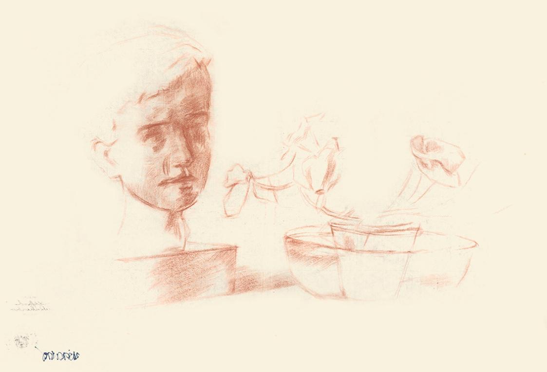 Alfred Wickenburg, Topfpflanze und Büste von Johannes Wickenburg, um 1940, Rötel auf Papier, Bl ...