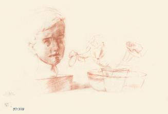 Alfred Wickenburg, Topfpflanze und Büste von Johannes Wickenburg, um 1940, Rötel auf Papier, Bl ...