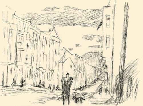 Alfred Wickenburg, Fassadenfront an einer belebten Straße, um 1953, Kohle auf Papier, Blattmaße ...