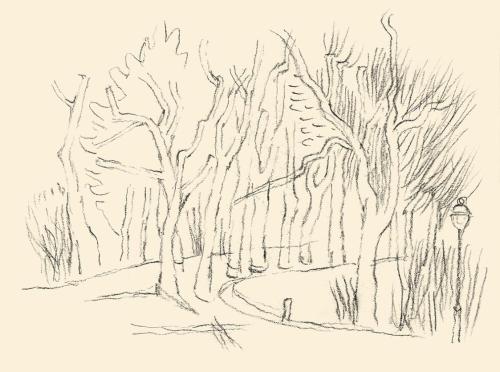 Alfred Wickenburg, Weg mit Laterene zwischen Bäumen, um 1953, Kohle auf Papier, Blattmaße: 21 × ...
