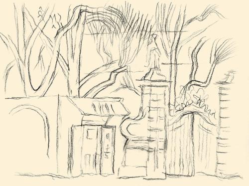 Alfred Wickenburg, Prunktor vor einem Gebäude und Bäumen, um 1953, Kohle auf Papier, Blattmaße: ...
