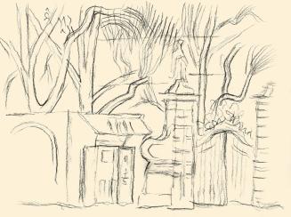 Alfred Wickenburg, Prunktor vor einem Gebäude und Bäumen, um 1953, Kohle auf Papier, Blattmaße: ...