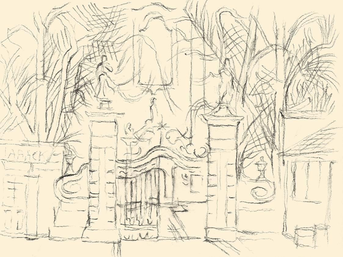 Alfred Wickenburg, Prunktor zu einem Park vor einem Gebäude, um 1953, Kohle auf Papier, Blattma ...