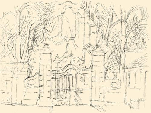 Alfred Wickenburg, Prunktor zu einem Park vor einem Gebäude, um 1953, Kohle auf Papier, Blattma ...