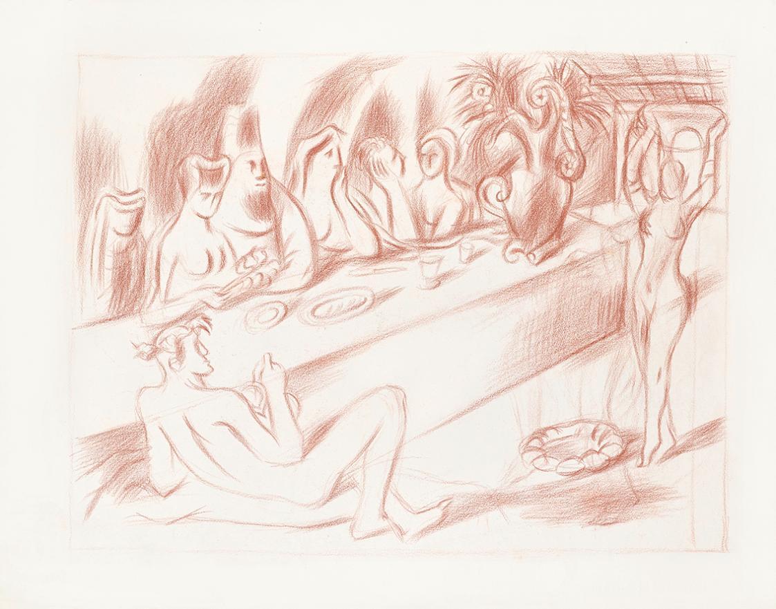 Alfred Wickenburg, Tanz der Salome, 1946, Rötel auf Papier, Blattmaße: 48,1 × 61,3 cm, Leihgabe ...