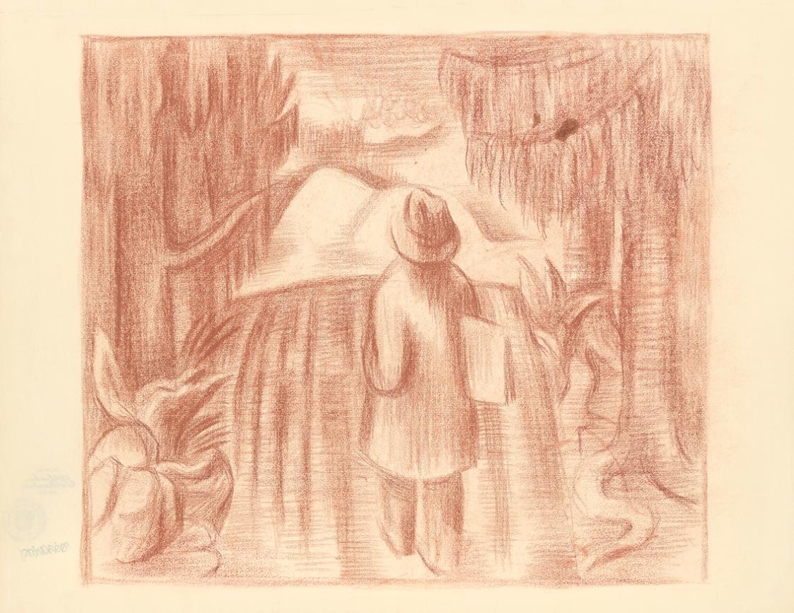 Alfred Wickenburg, Spaziergänger im Wald, 1930/1935, Rötel auf Papier, Blattmaße: 47,7 × 61,7 c ...