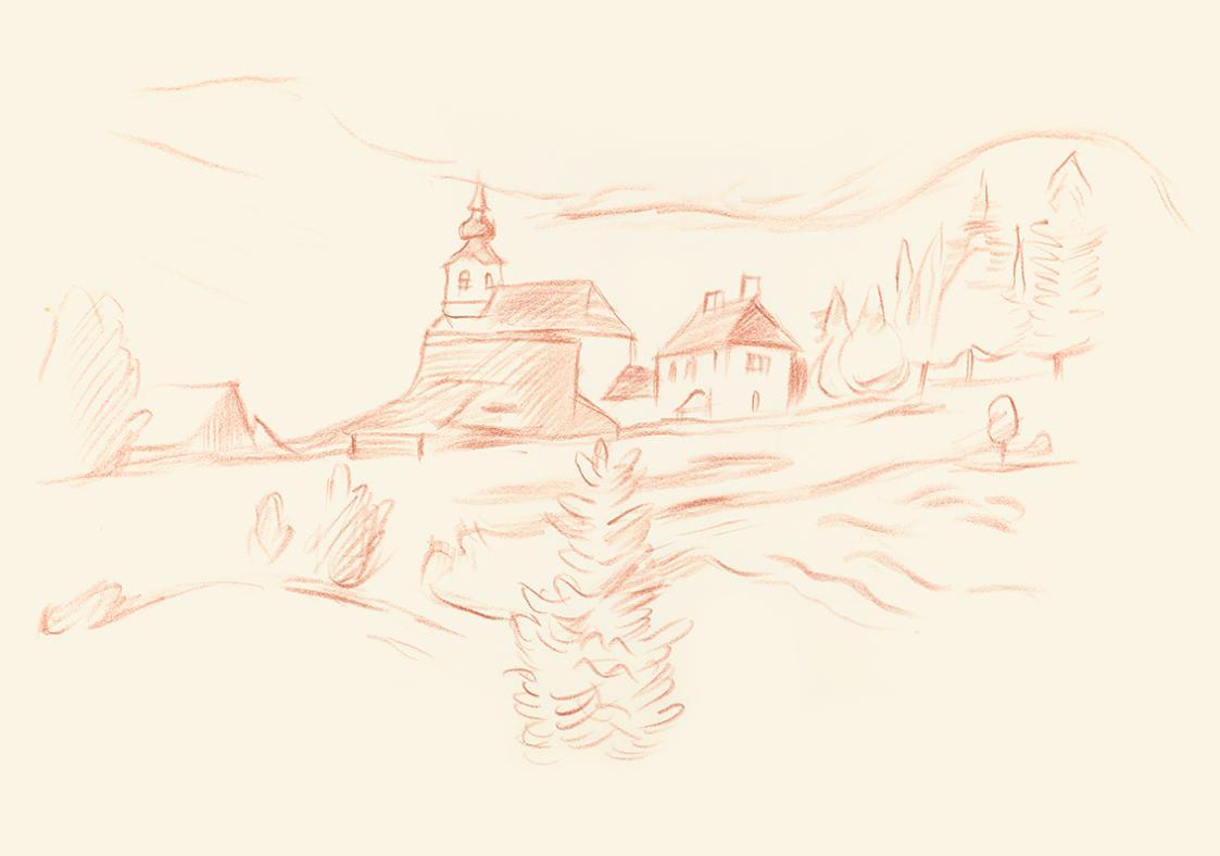 Alfred Wickenburg, Landschaft mit Dorf, um 1945, Rötel auf Papier, Blattmaße: 29,8 × 41,8 cm, L ...
