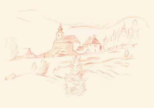 Alfred Wickenburg, Landschaft mit Dorf, um 1945, Rötel auf Papier, Blattmaße: 29,8 × 41,8 cm, L ...