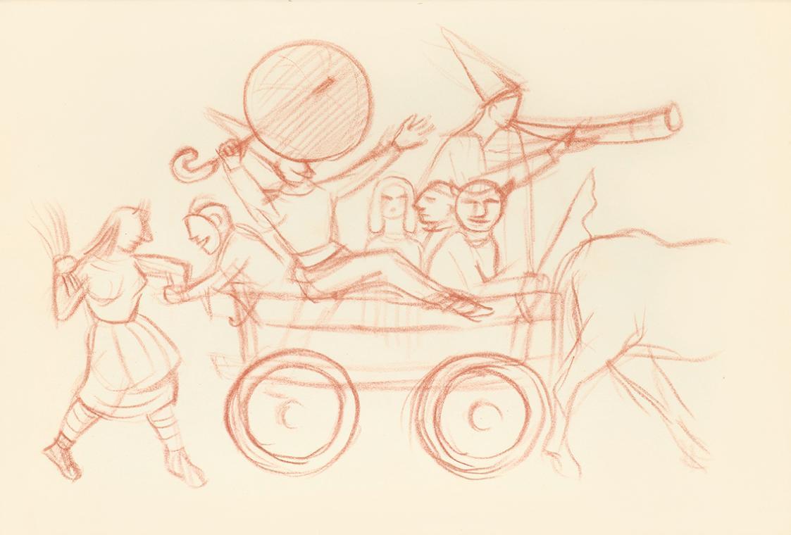 Alfred Wickenburg, Von Ochsen gezogener Festwagen mit verkleideten Personen, 1938, Rötel auf Tr ...