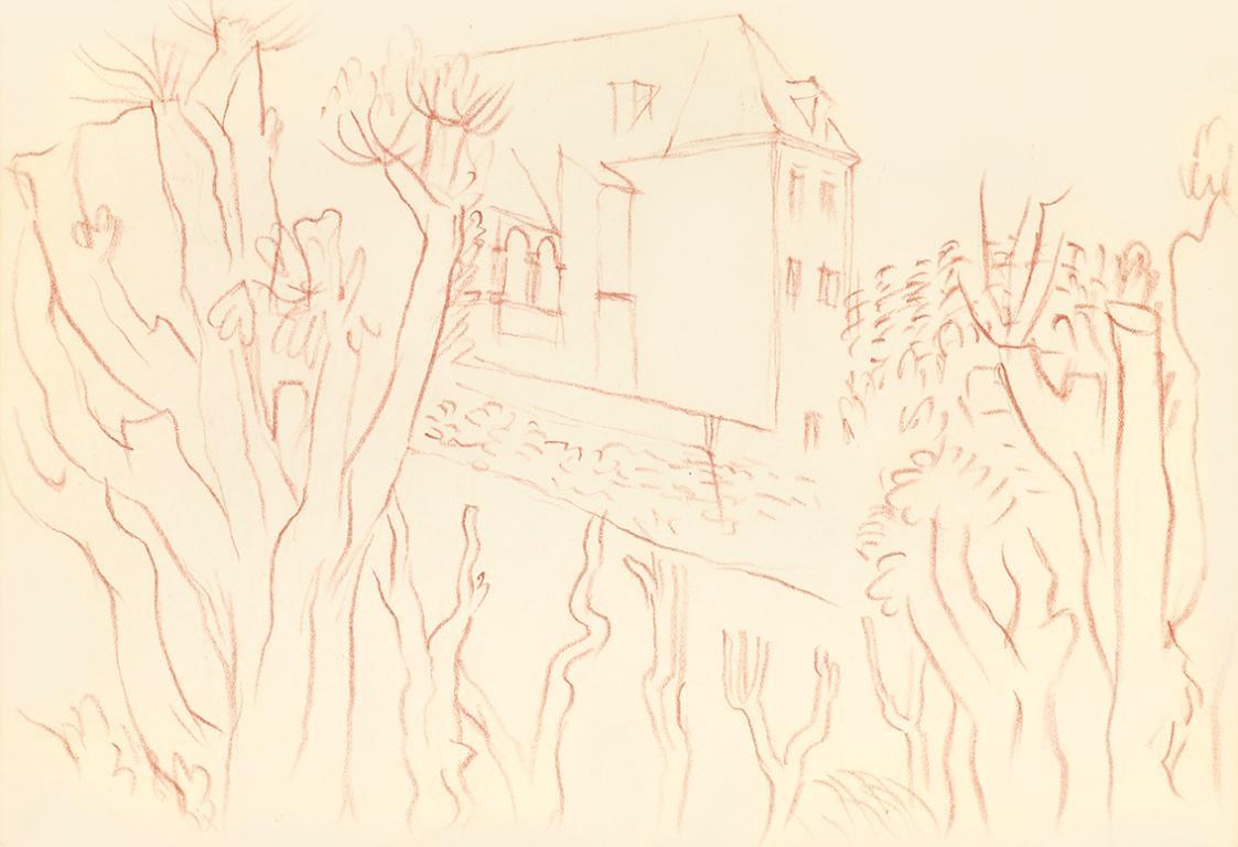 Alfred Wickenburg, Gebäude hinter Bäumen, 1939, Rötel auf Transparentpapier, Blattmaße: 21 × 30 ...