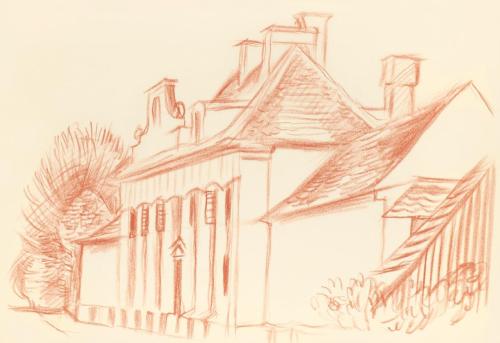 Alfred Wickenburg, Studie eines Gebäudes, 1939, Rötel auf Transparentpapier, Blattmaße: 21 × 30 ...