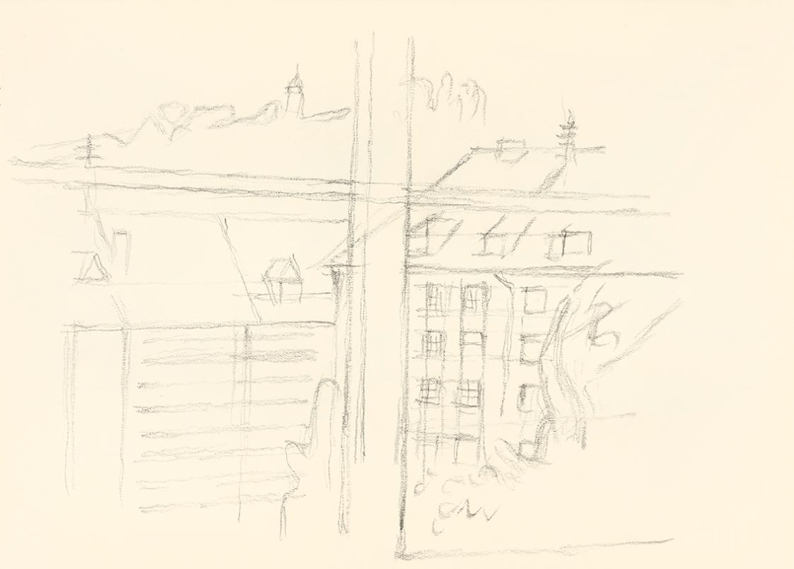 Alfred Wickenburg, Blick durch ein Fenster auf Häuser, um 1955, Bleistift auf Papier, Blattmaße ...