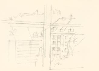 Alfred Wickenburg, Blick durch ein Fenster auf Häuser, um 1955, Bleistift auf Papier, Blattmaße ...