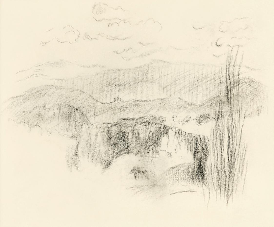 Alfred Wickenburg, Berglandschaft, um 1950, Kohle auf Transparentpapier, Blattmaße: 15 × 19 cm, ...