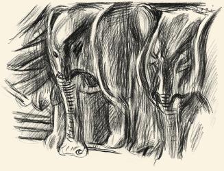 Alfred Wickenburg, Elefanten, um 1955, Kohle auf Papier, Blattmaße: 24 × 32 cm, Leihgabe aus Pr ...