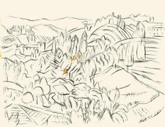 Alfred Wickenburg, Hügellandschaft mit Gebäuden und Bäumen, um 1955, Kohle auf Papier, Blattmaß ...