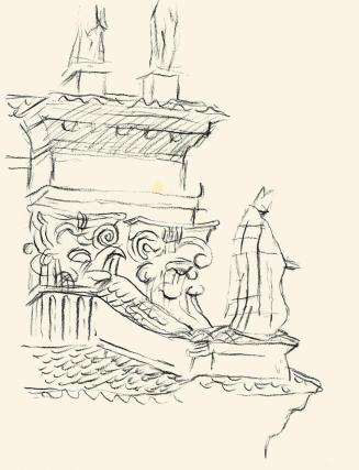 Alfred Wickenburg, Detail des Figurenschmucks am Dach des Doms in Urbino, um 1955, Kohle auf Pa ...