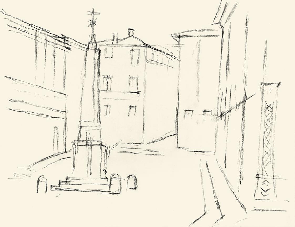 Alfred Wickenburg, Obelisk in Urbino, um 1955, Kohle auf Papier, Blattmaße: 24 × 32 cm, Leihgab ...