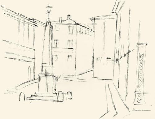 Alfred Wickenburg, Obelisk in Urbino, um 1955, Kohle auf Papier, Blattmaße: 24 × 32 cm, Leihgab ...