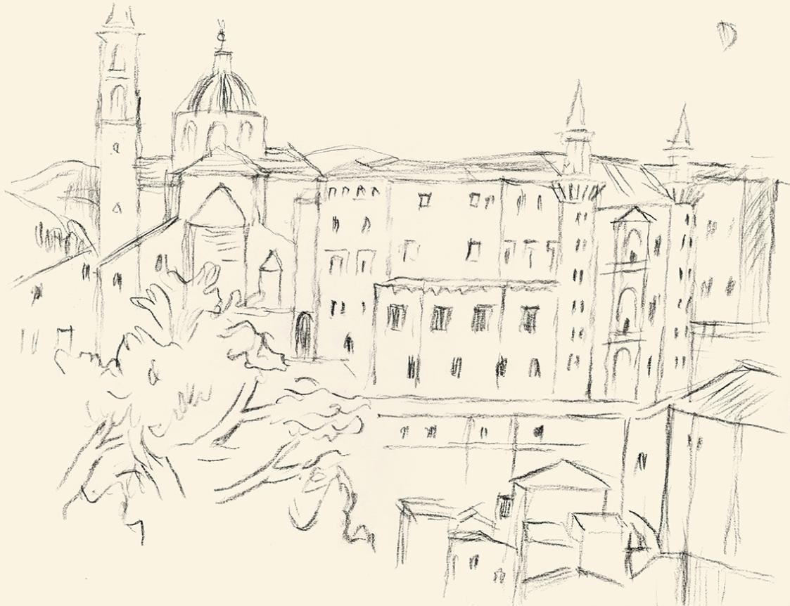 Alfred Wickenburg, Urbino, um 1955, Kohle auf Papier, Blattmaße: 24 × 32 cm, Leihgabe aus Priva ...
