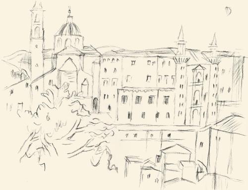 Alfred Wickenburg, Urbino, um 1955, Kohle auf Papier, Blattmaße: 24 × 32 cm, Leihgabe aus Priva ...