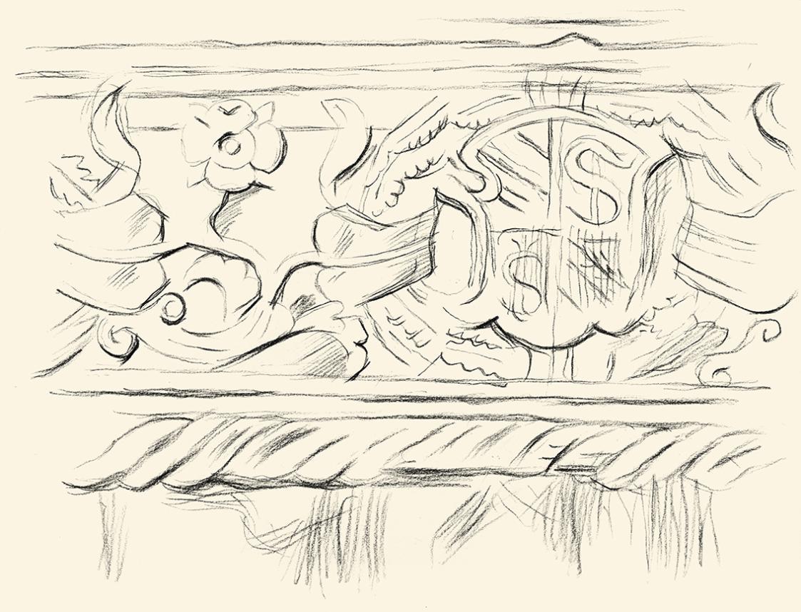 Alfred Wickenburg, Architekturdekor, um 1955, Kohle auf Papier, Blattmaße: 24 × 32 cm, Leihgabe ...