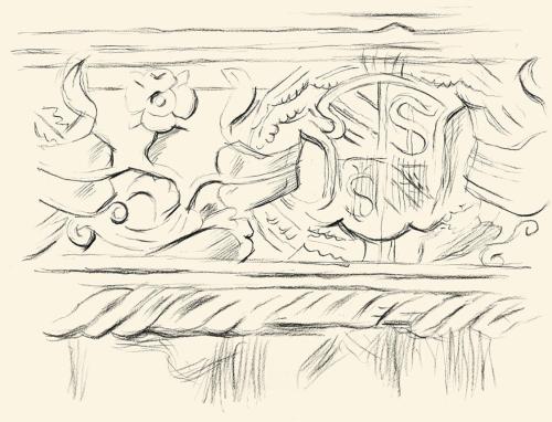 Alfred Wickenburg, Architekturdekor, um 1955, Kohle auf Papier, Blattmaße: 24 × 32 cm, Leihgabe ...