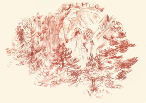 Alfred Wickenburg, Bewaldeter Berg, 1944, Rötel auf Papier, Blattmaße: 22,6 × 32 cm, Leihgabe a ...