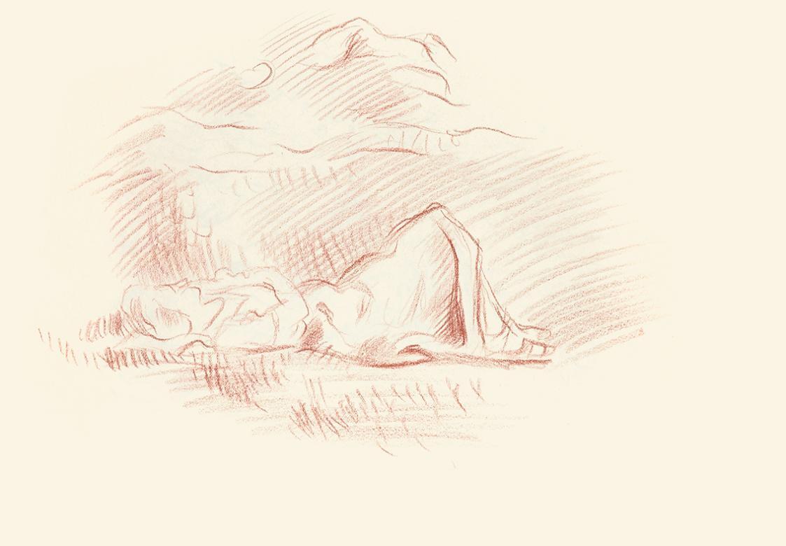 Alfred Wickenburg, Liegende Frau in einer Landschaft, 1944, Rötel auf Papier, Blattmaße: 22,6 × ...