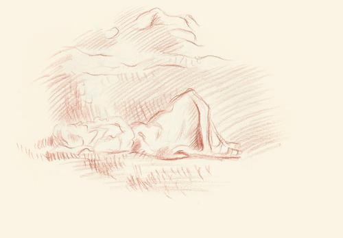 Alfred Wickenburg, Liegende Frau in einer Landschaft, 1944, Rötel auf Papier, Blattmaße: 22,6 × ...