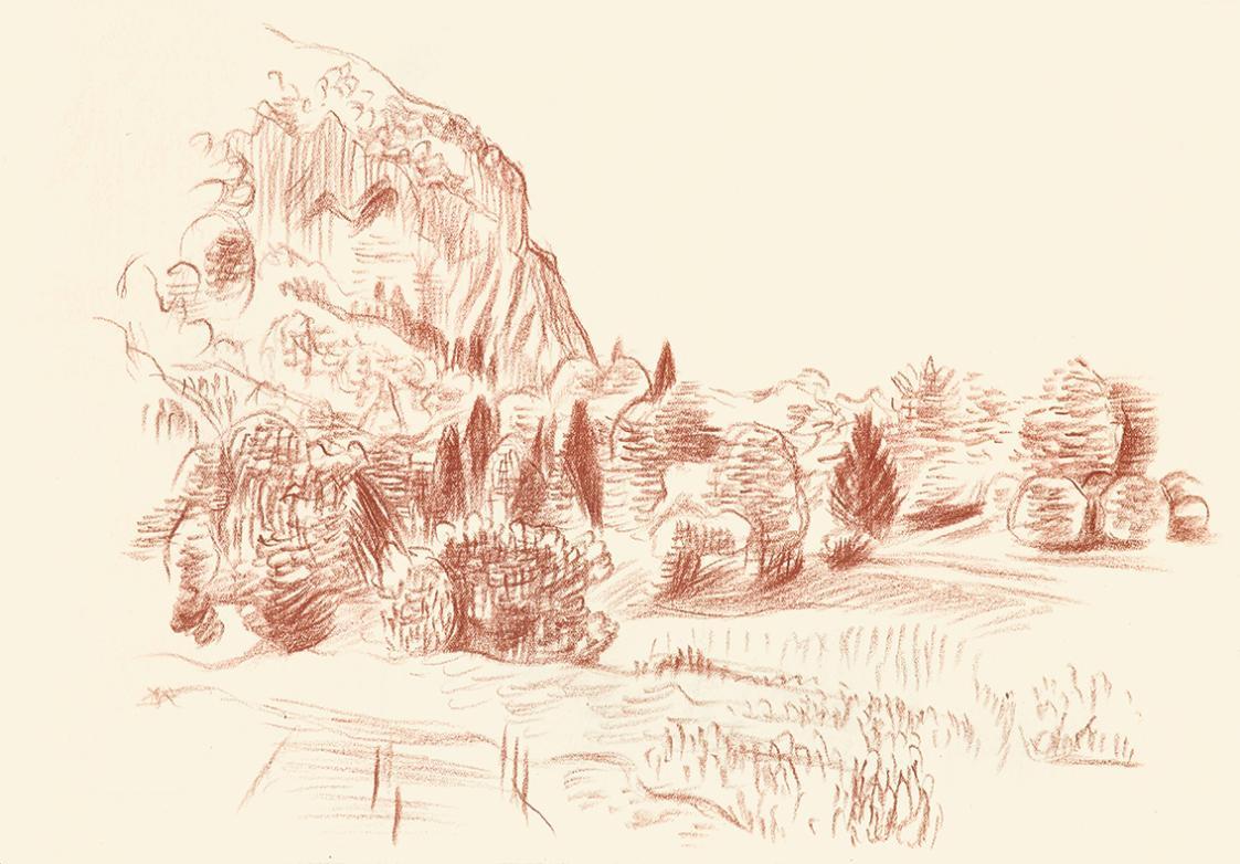 Alfred Wickenburg, Berg in Waldlandschaft, 1944, Rötel auf Papier, Blattmaße: 22,6 × 32 cm, Lei ...