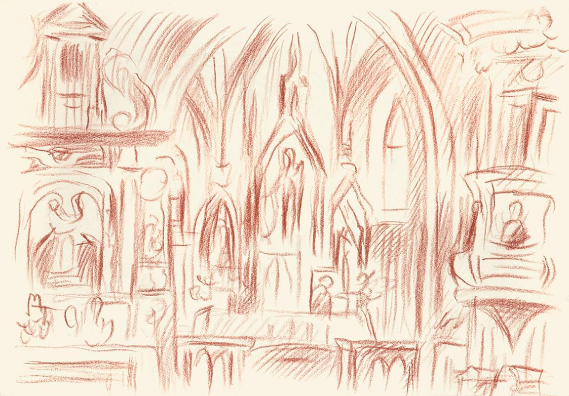 Alfred Wickenburg, Kircheninneres, 1944, Rötel auf Papier, Blattmaße: 22,6 × 32 cm, Leihgabe au ...