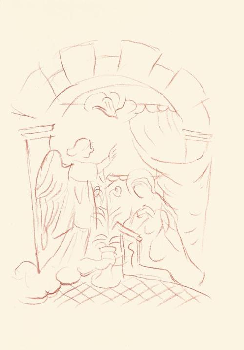 Alfred Wickenburg, Skizze einer Verkündigung, 1944, Rötel auf Papier, Blattmaße: 32 × 22,6 cm,  ...