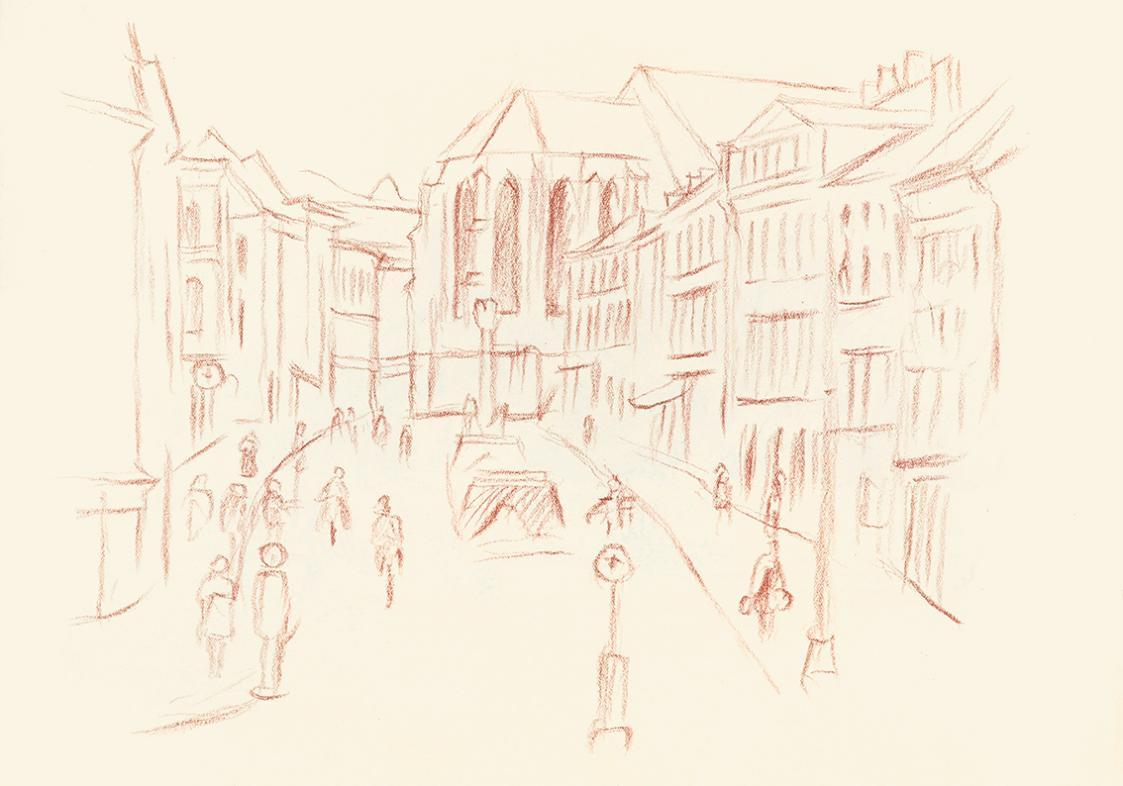 Alfred Wickenburg, Straße mit Häusern zu einer Kirche, 1944, Rötel auf Papier, Blattmaße: 22,6  ...