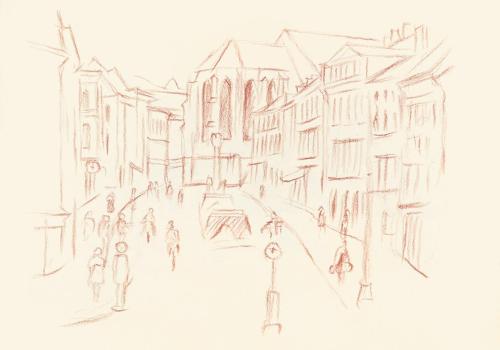 Alfred Wickenburg, Straße mit Häusern zu einer Kirche, 1944, Rötel auf Papier, Blattmaße: 22,6  ...