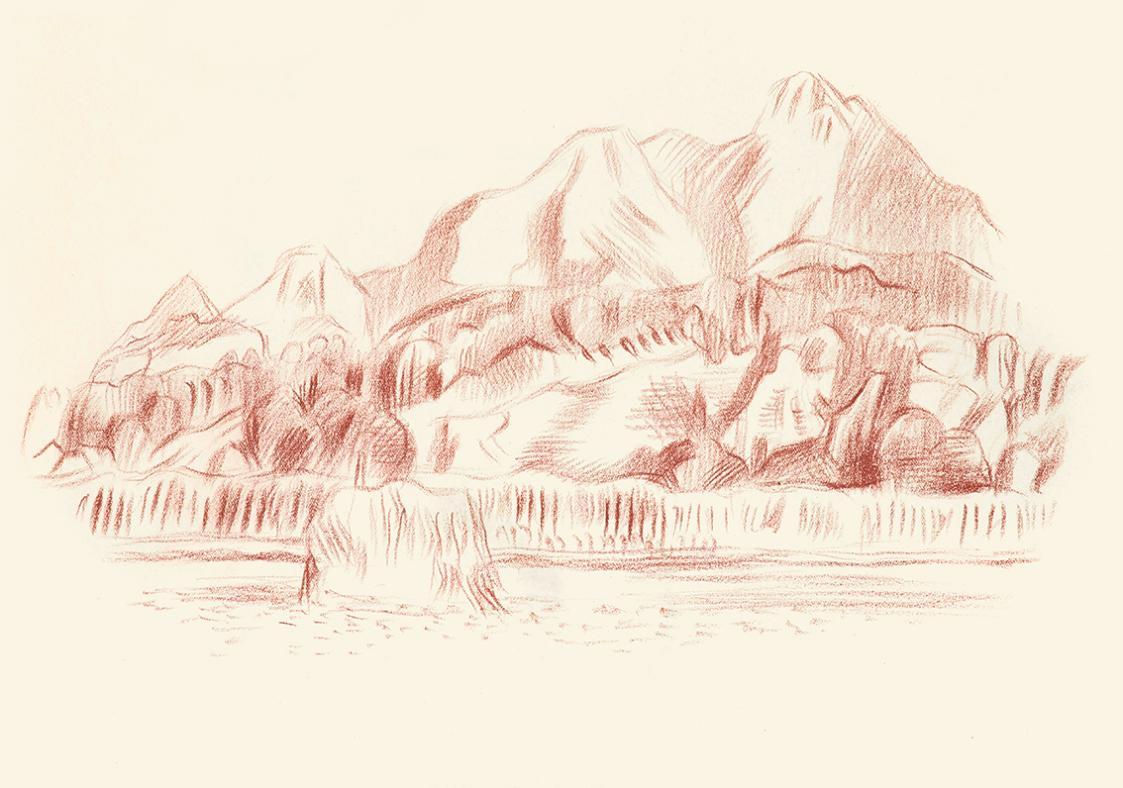 Alfred Wickenburg, Berglandschaft, 1944, Rötel auf Papier, Blattmaße: 22,6 × 32 cm, Leihgabe au ...