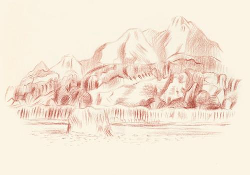 Alfred Wickenburg, Berglandschaft, 1944, Rötel auf Papier, Blattmaße: 22,6 × 32 cm, Leihgabe au ...