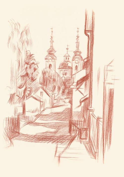 Alfred Wickenburg, Blick zwischen Häusern hindurch auf eine Kirche, 1944, Rötel auf Papier, Bla ...