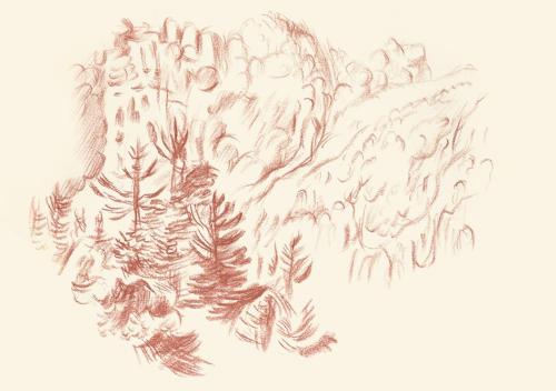 Alfred Wickenburg, Wald, 1944, Rötel auf Papier, Blattmaße: 22,6 × 32 cm, Leihgabe aus Privatbe ...