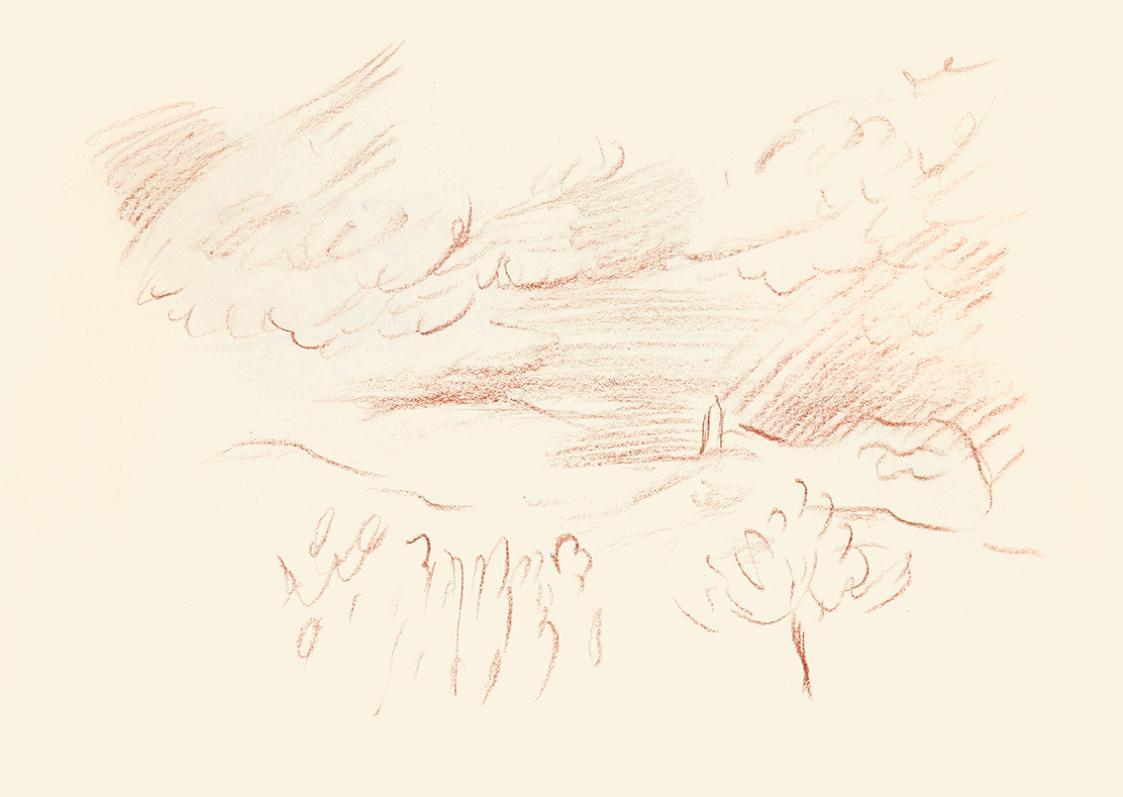 Alfred Wickenburg, Landschaft, 1944, Rötel auf Papier, Blattmaße: 22,6 × 32 cm, Leihgabe aus Pr ...