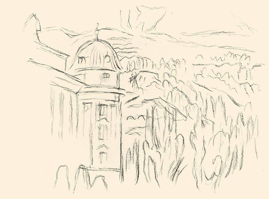 Alfred Wickenburg, Eckturm vor einer Berglandschaft, 1953, Kohle auf Papier, Blattmaße: 21 × 28 ...
