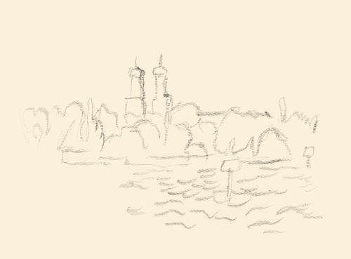 Alfred Wickenburg, Zwei Türme in einer Landschaft, 1953, Graphit auf Papier, Blattmaße: 21 × 28 ...