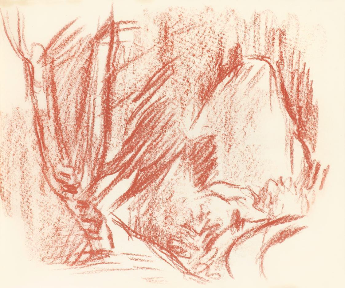 Alfred Wickenburg, Felsen in einem Wald, 1939, Rötel auf Transparentpapier, Blattmaße: 17,9 × 2 ...