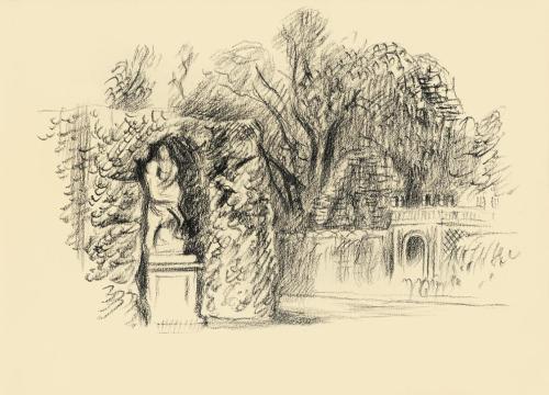 Alfred Wickenburg, Gartenplastik und Gebäude in einem Park, 1942, Kohle und Bleistift auf Papie ...