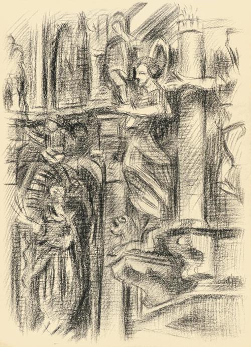 Alfred Wickenburg, Architekturdetail, 1942, Schwarze Kreide auf Papier, Blattmaße: 21 × 15 cm,  ...