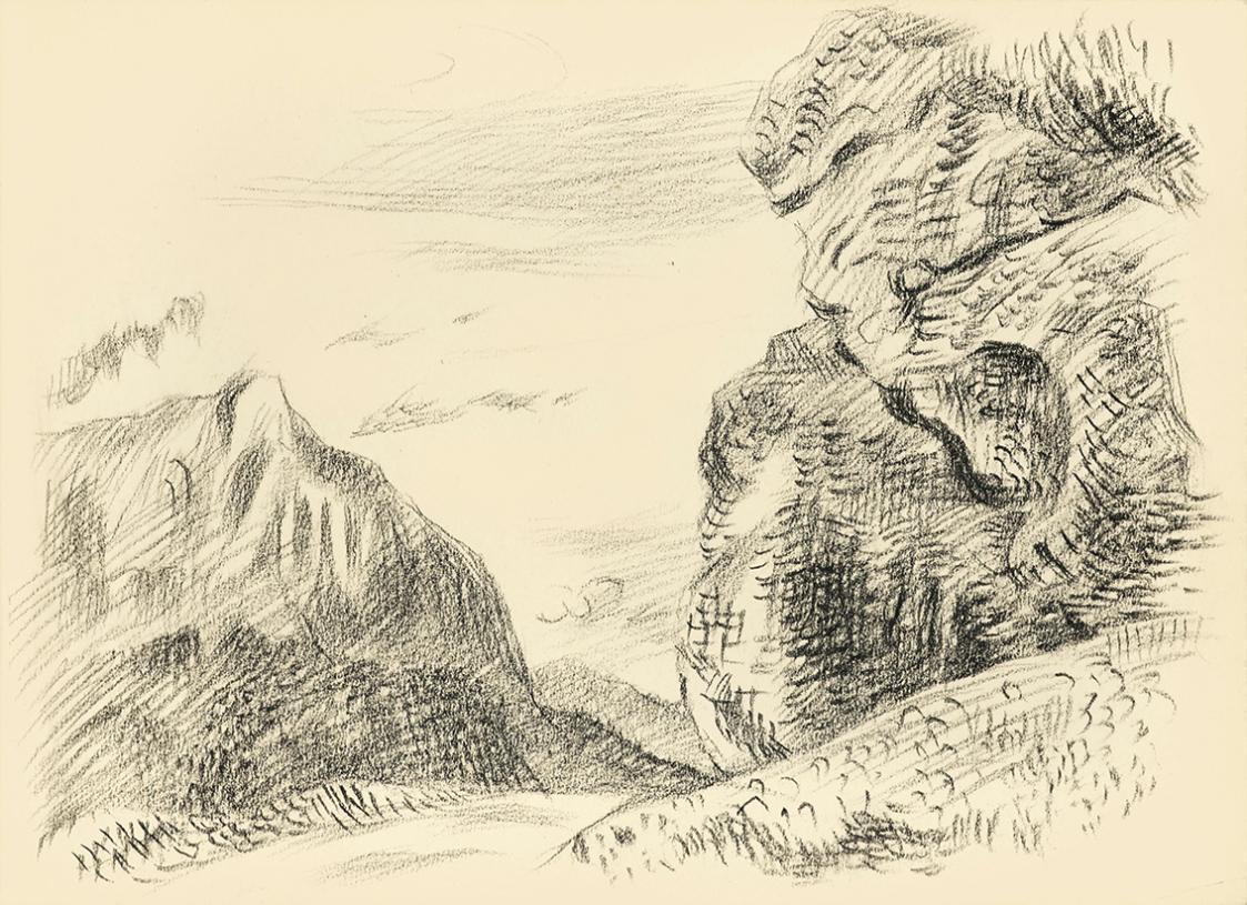 Alfred Wickenburg, Berglandschaft mit Weg, 1942, Schwarze Kreide auf Papier, Blattmaße: 15 × 21 ...