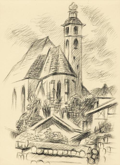 Alfred Wickenburg, Pfarrkirche St. Andreas in Kitzbühel, 1942, Schwarze Kreide auf Papier, Blat ...