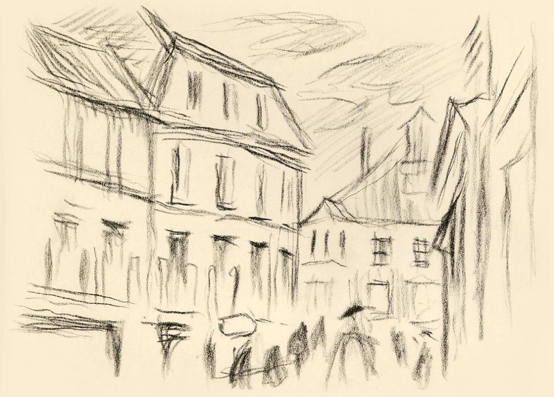 Alfred Wickenburg, Blick in eine Straße, um 1935, Kohle auf Transparentpapier, Blattmaße: 14,8  ...