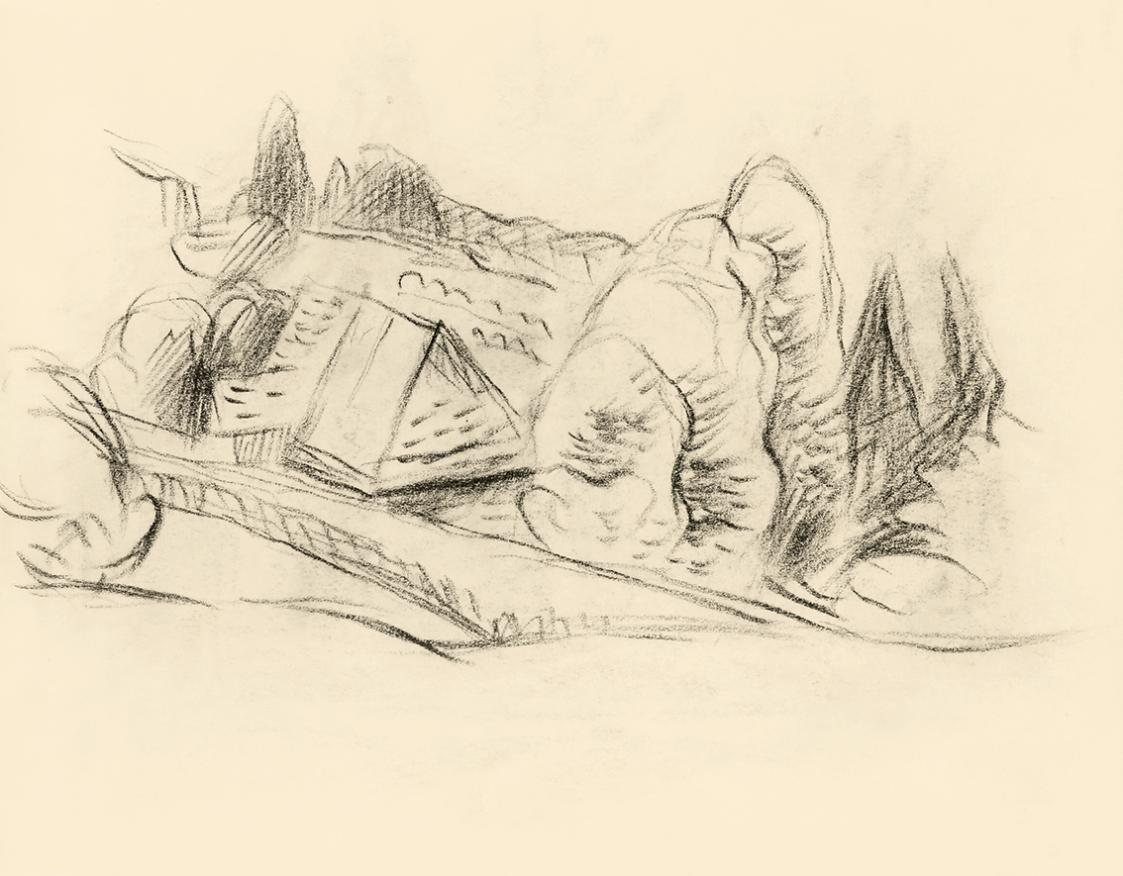 Alfred Wickenburg, Gebäude von Bäumen umgeben, 1950, Kohle auf Papier, Blattmaße: 15 × 19,1 cm, ...