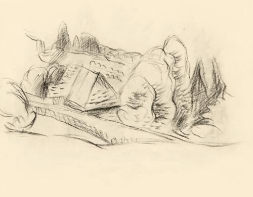 Alfred Wickenburg, Gebäude von Bäumen umgeben, 1950, Kohle auf Papier, Blattmaße: 15 × 19,1 cm, ...
